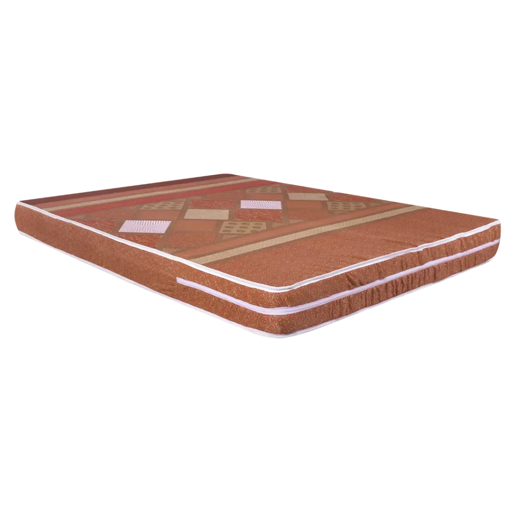 Colchoneta acolchada de color marrón con diseño geométrico, vista en perspectiva mostrando su altura.