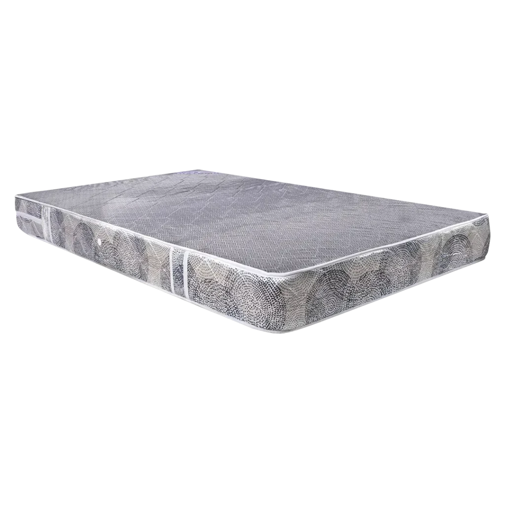 Vista completa de un colchón anatómico Duraflex con diseño moderno y tapizado en tela gris con patrones geométricos.