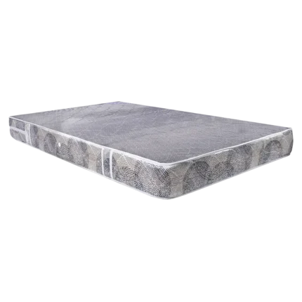 Vista completa de un colchón anatómico Duraflex con diseño moderno y tapizado en tela gris con patrones geométricos.