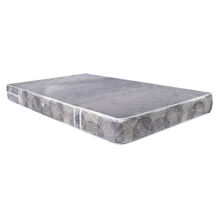 Vista completa de un colchón anatómico Duraflex con diseño moderno y tapizado en tela gris con patrones geométricos.