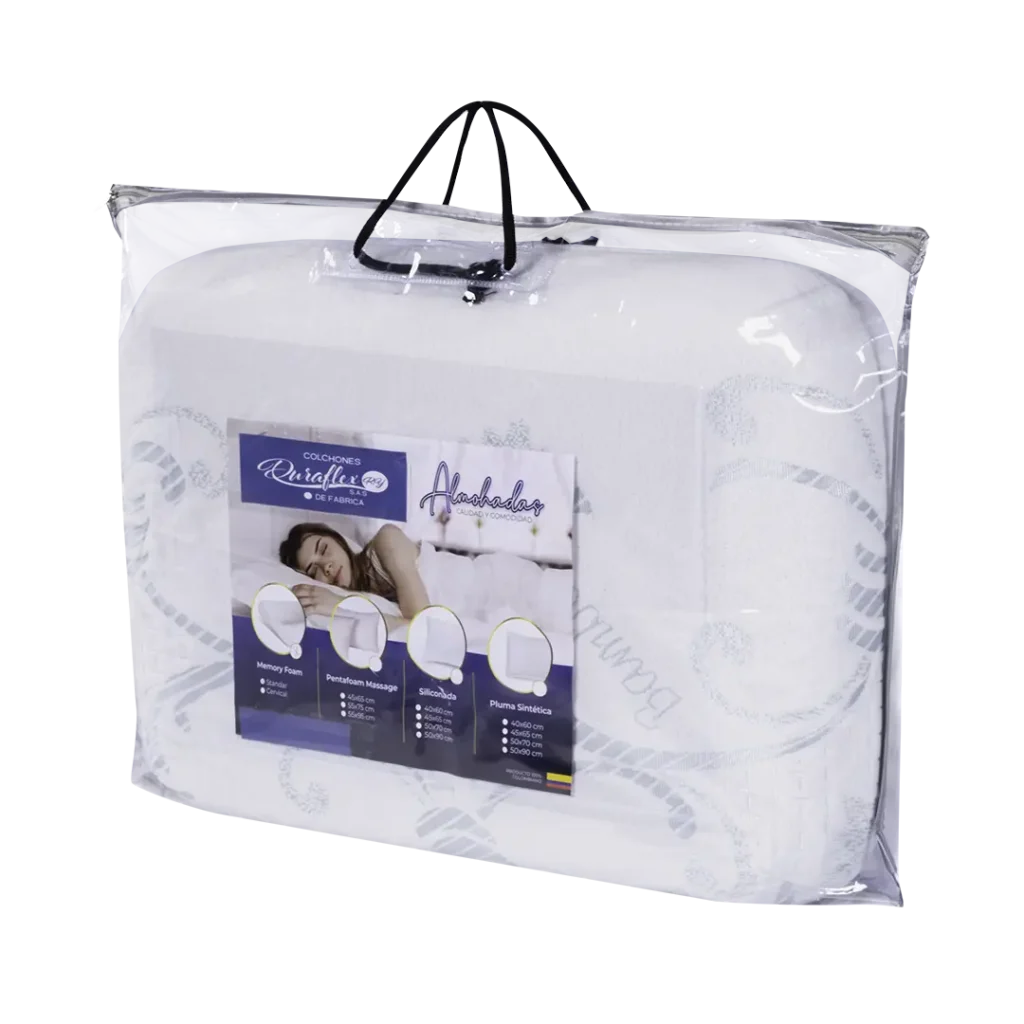 Empaque de la almohada Memory Plana, color blanco, con detalles de espuma viscoelástica y soporte cervical avanzado.