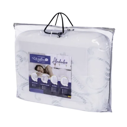 Empaque de la almohada Memory Plana, color blanco, con detalles de espuma viscoelástica y soporte cervical avanzado.