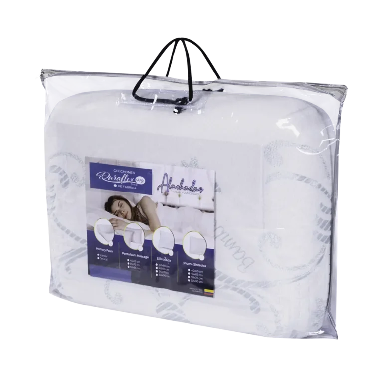Empaque de la almohada Memory Plana, color blanco, con detalles de espuma viscoelástica y soporte cervical avanzado.