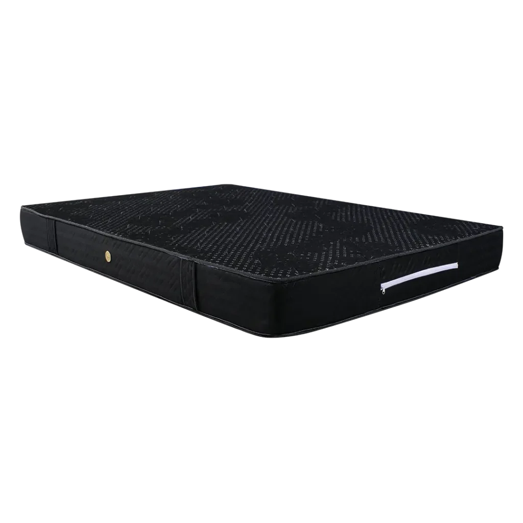 Vista lateral del colchón ortopédico Moon con diseño negro y detalles en textura jacquard termosellada