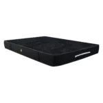 Vista lateral del colchón ortopédico Moon con diseño negro y detalles en textura jacquard termosellada