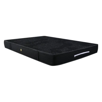 Vista lateral del colchón ortopédico Moon con diseño negro y detalles en textura jacquard termosellada