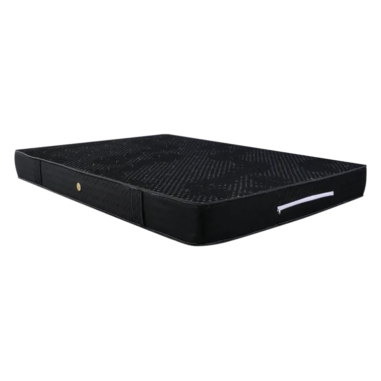 Vista lateral del colchón ortopédico Moon con diseño negro y detalles en textura jacquard termosellada