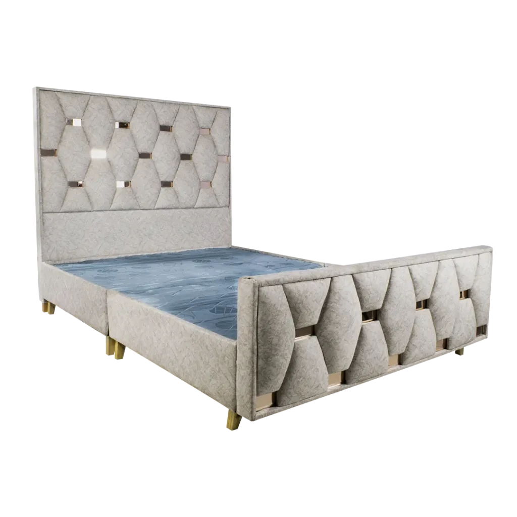 Base cama Panal completa en vista lateral con diseño tipo panal y espaldar de vidrio espejo.