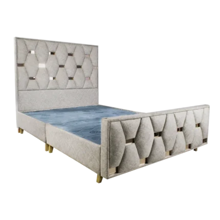 Base cama Panal completa en vista lateral con diseño tipo panal y espaldar de vidrio espejo.