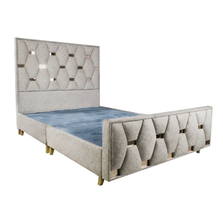 Base cama Panal completa en vista lateral con diseño tipo panal y espaldar de vidrio espejo.