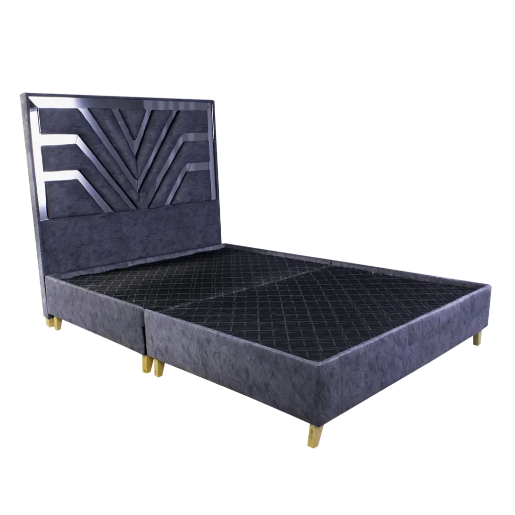 Base Cama Egipcio vista frontal con diseño de espaldar tipo egipcio y tapizado gris.