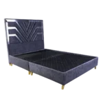 Base Cama Egipcio vista frontal con diseño de espaldar tipo egipcio y tapizado gris.
