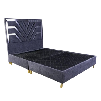 Base Cama Egipcio vista frontal con diseño de espaldar tipo egipcio y tapizado gris.