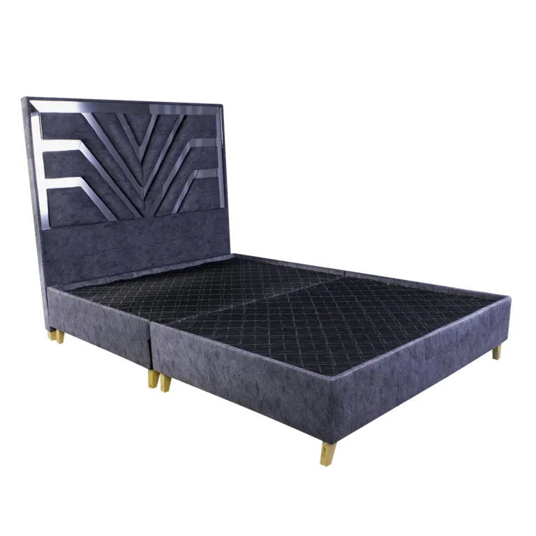 Base Cama Egipcio vista frontal con diseño de espaldar tipo egipcio y tapizado gris.