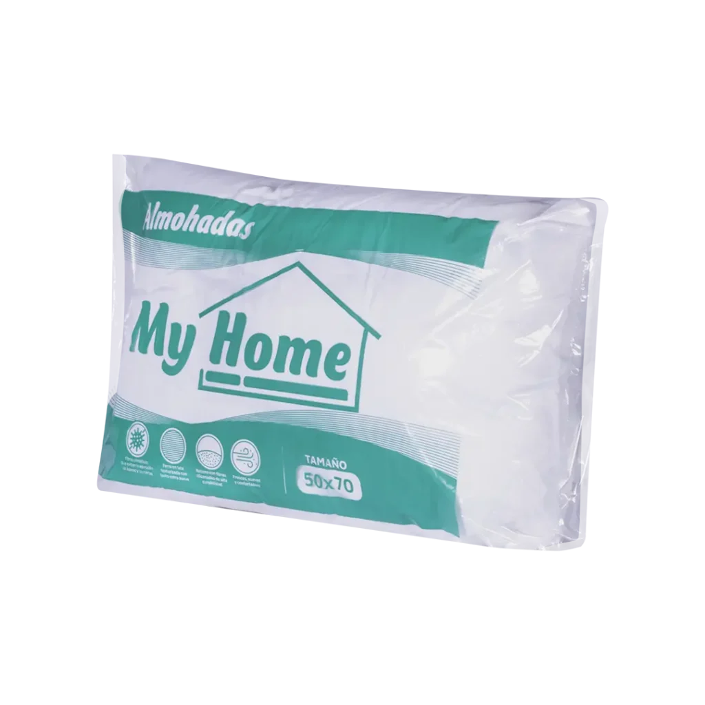 Almohada siliconada empacada en bolsa de plástico con la marca My Home.