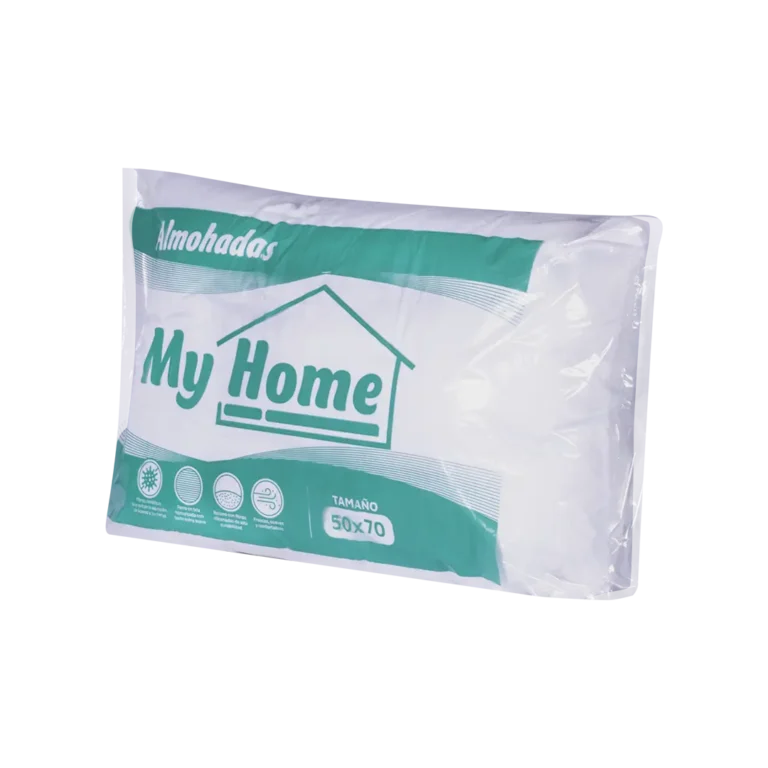 Almohada siliconada empacada en bolsa de plástico con la marca My Home.